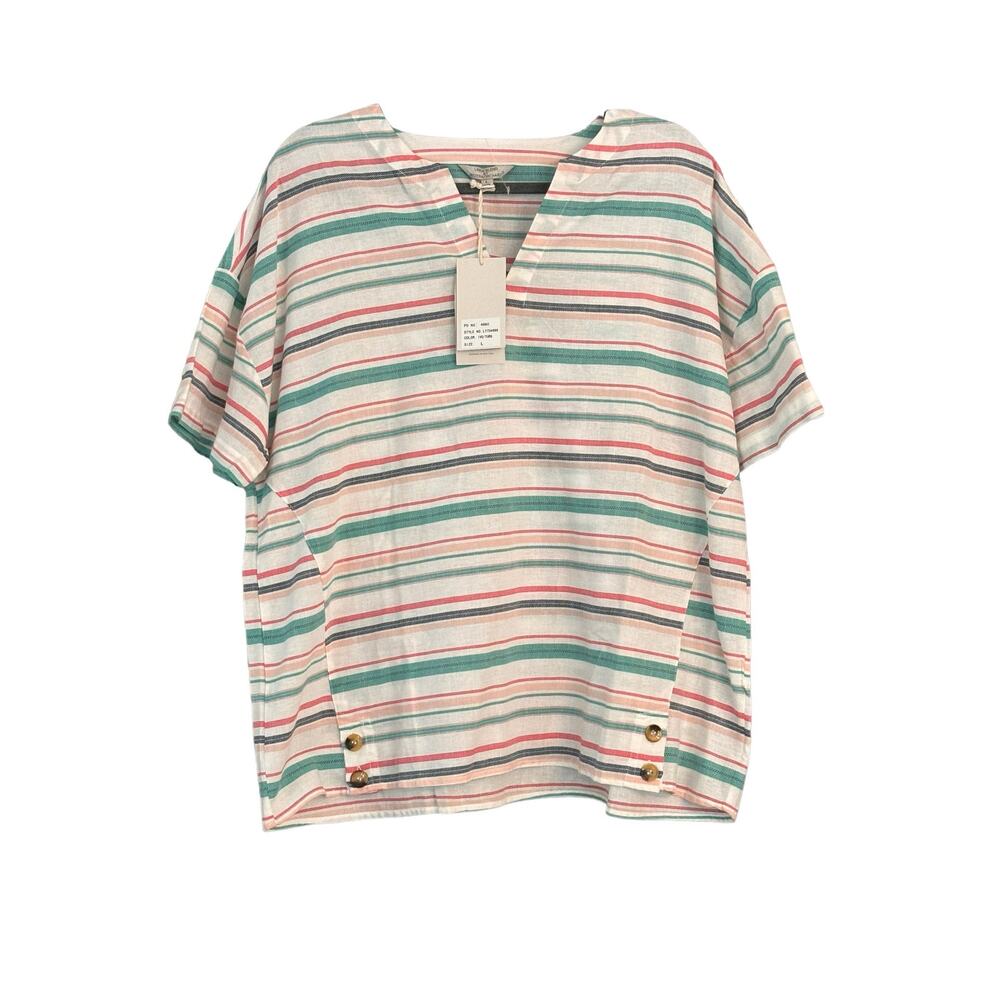 Hester & Orchard Linen Top Shirt Blouse Woman’s L Striped Boxy Shape Lagenlook